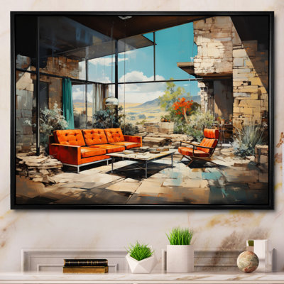 Corail beige Mid-Century audacieux et encadré sur toile