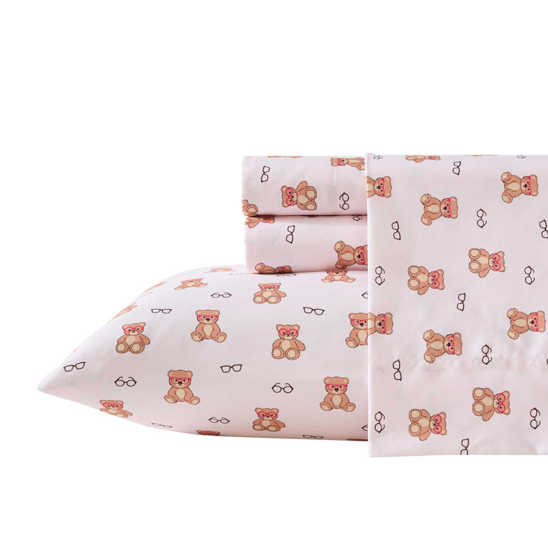 Betsey Johnson Printed Novelty Sheet Sets, Nerdy Teddies Pink, Full Sheet Set with 2 Standard Pillowcases
