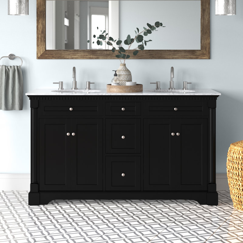 60'' Double Bathroom Vanity with Marble Top, Black