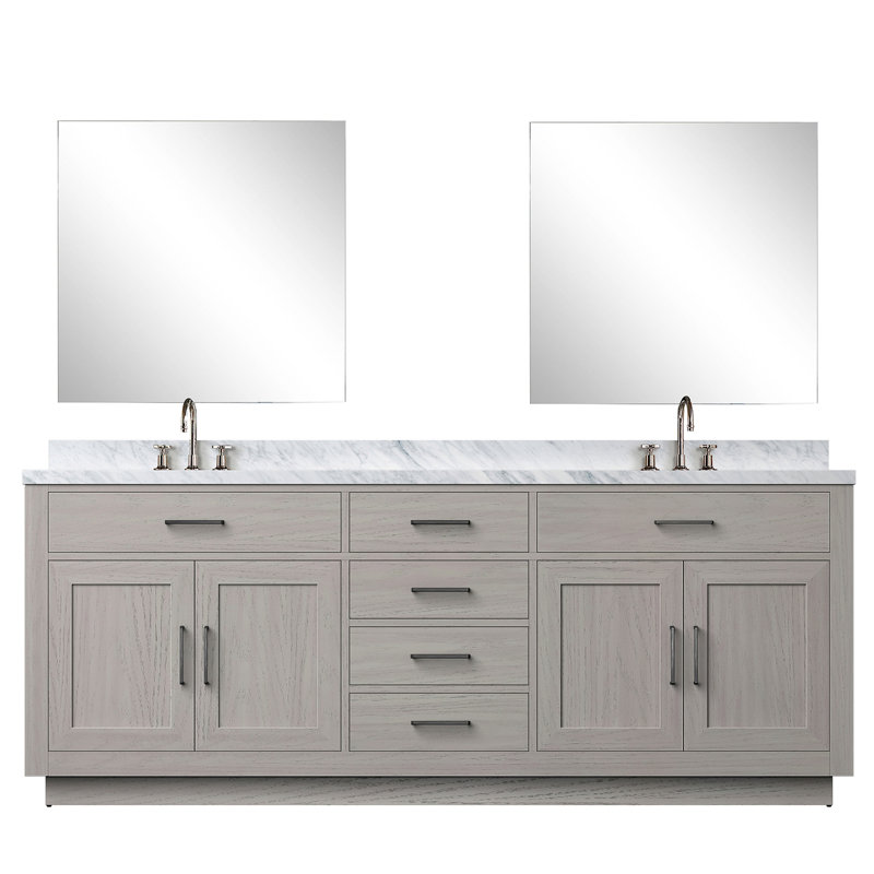 Meuble-lavabo double 84 po W, chêne blanc, comptoir en marbre, robinet et regroupement de robinets