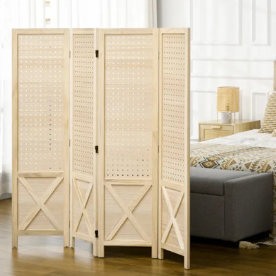 Paravent 4,7 pi 4 panneaux en bois avec panneau perforé, écran d'intimité pliable pour bureau personnel, naturel