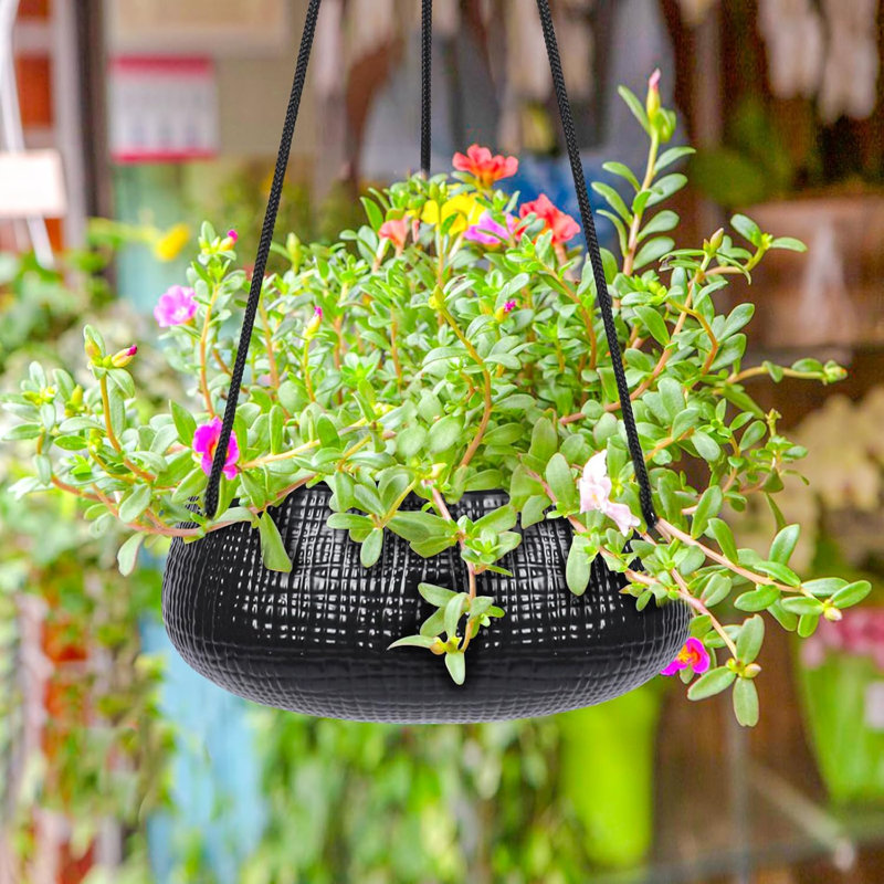 8" Black Geometric Ceramic Hanging Planters With Drainage