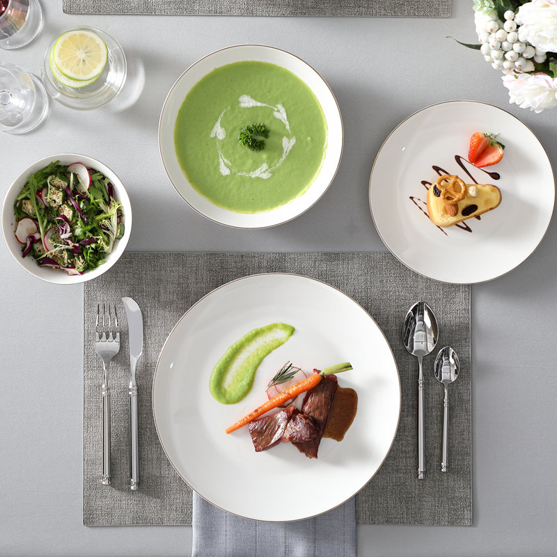 16-Piece Round Bone China Dinnerware Set with Gold Rim for 6, Classic Plates & Soup Bowls, Formal Dining & Gifts
