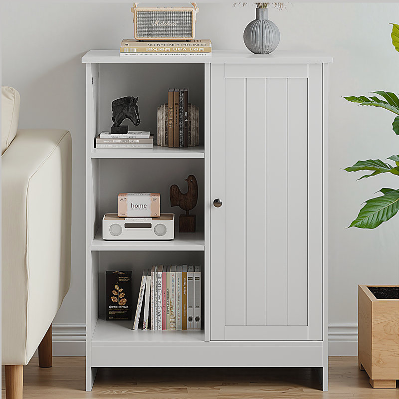 Armoire de salle de bain, armoire de rangement autoportante avec 1 armoire, 3 compartiments ouverts