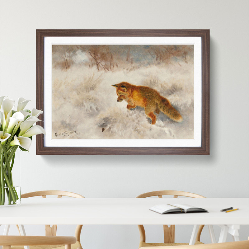 Fox in the Snow Vol.2 by Bruno Liljefors - Picture Frame Painting, 27cm H x 36cm W x 2cm D, Walnut Framed