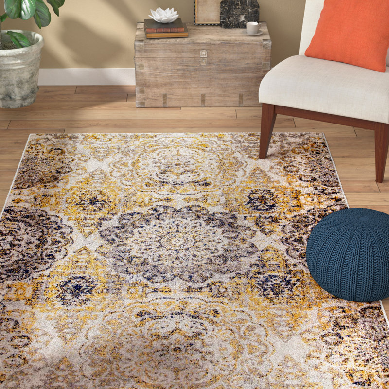 Tapis performance gris et or décoloré à motif de rosette Muscato, Rectangle 8 pi x 10 pi