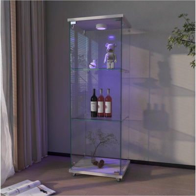 Vitrine moderne en verre avec lumières DEL, assemblage rapide, tablettes en verre trempé, idéal pour les salons et les chambres à coucher, 1 porte à 3 tablettes, blanc