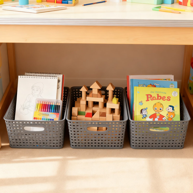 Plastic Storage Baskets With Handles, 4-Pack Sturdy Weave Design For Home Office Organization, Desktop, Cabinet, And Garage Shelving