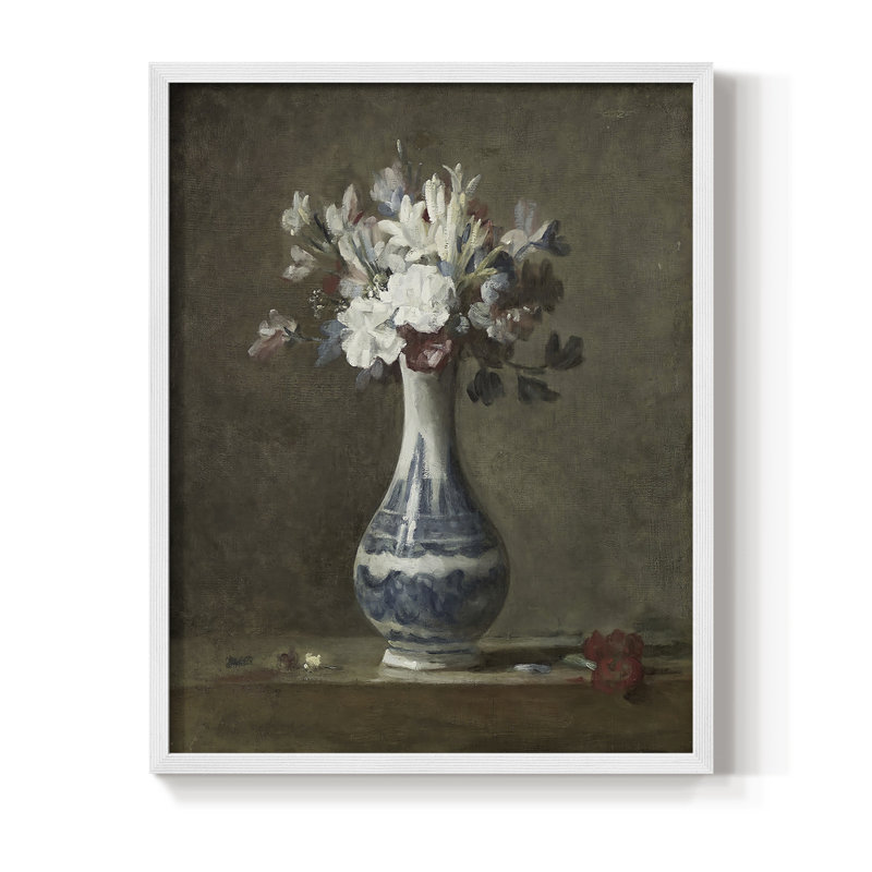 Impression florale rétro encadrée livrée en bois massif, H 11 po x l 9 po, Blanc