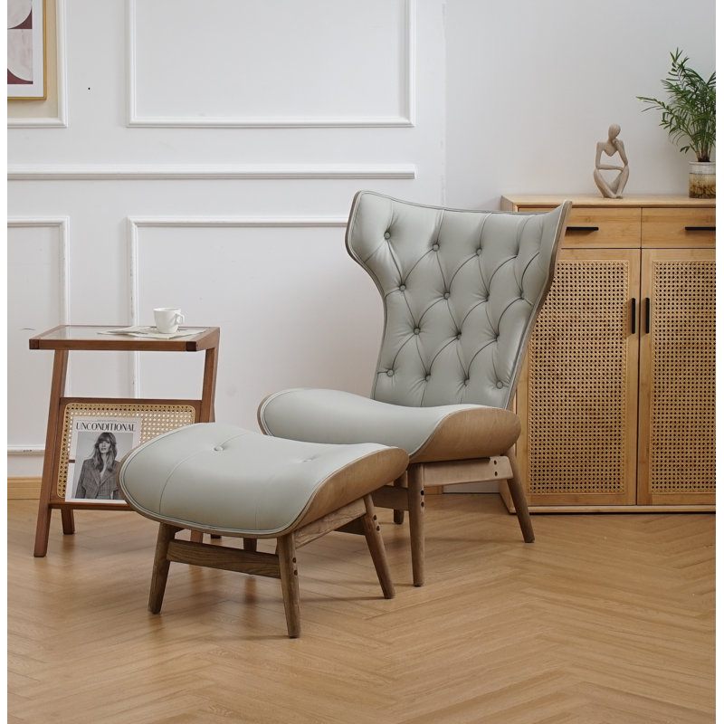 Fauteuil à oreilles et repose-pieds Jeyshan, Similicuir gris