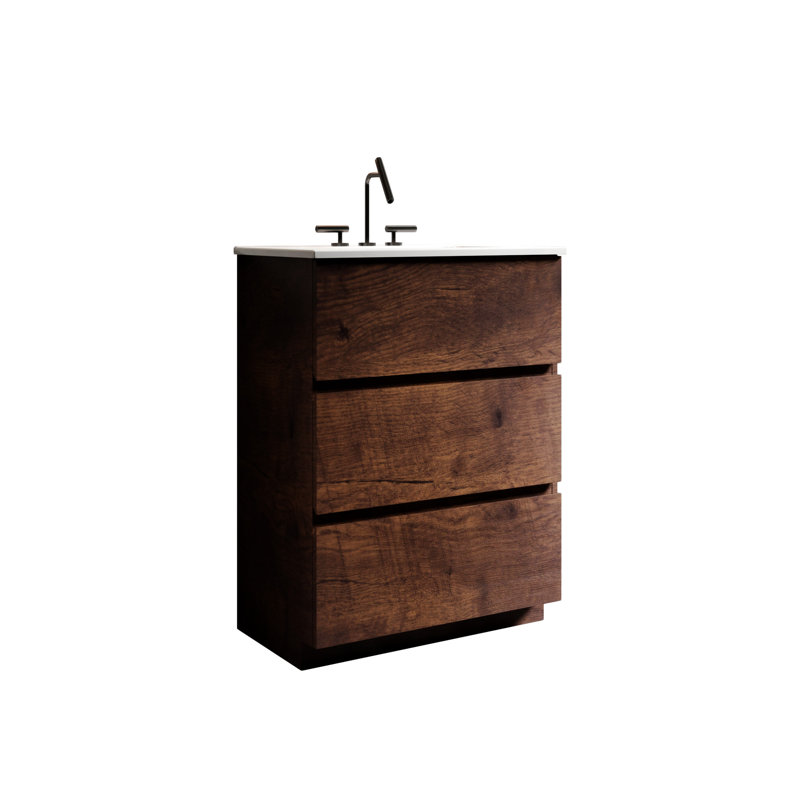 24" Walnut Bathroom Vanity with Sink with 3 Faucet Holes, Large Storage Freestanding Bathroom Vanity for Modern Bathroom, One-Piece White Sink Basin without Drain and Faucet
