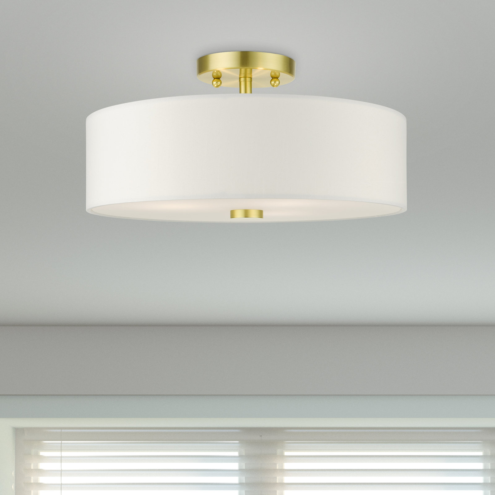 Flaire 2 Light Fabric Semi Flush Mount, Satin Brass, 7.75" H x 15" W x 15" D