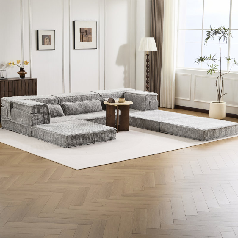 Canapé modulaire convertible gris Mahjong 3 places avec coussins, revêtement polaire circulaire, idéal pour les jeux de cartes et parfait pour le bureau