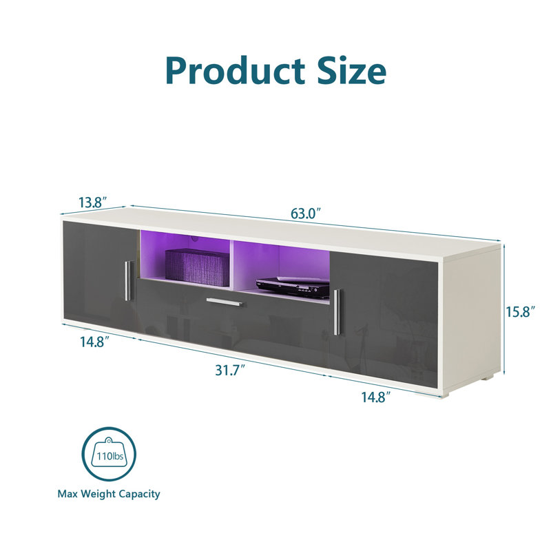 Modern High Gloss LED TV Stand For 75 Inch Tvs With RGB Lights & Storage Cabinet/Drawer, White