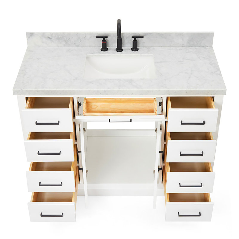 Tidworth 48'' Solid Wood Single Bathroom Vanity with 1.5'' Carrara Marble Top Sink, Rectangular, White