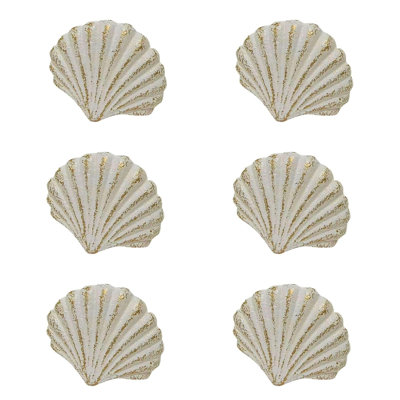 Ensemble de 6 boutons d'armoire en fonte de style bord de mer à motif coquillage blanc patiné avec détails dorés pour une installation facile