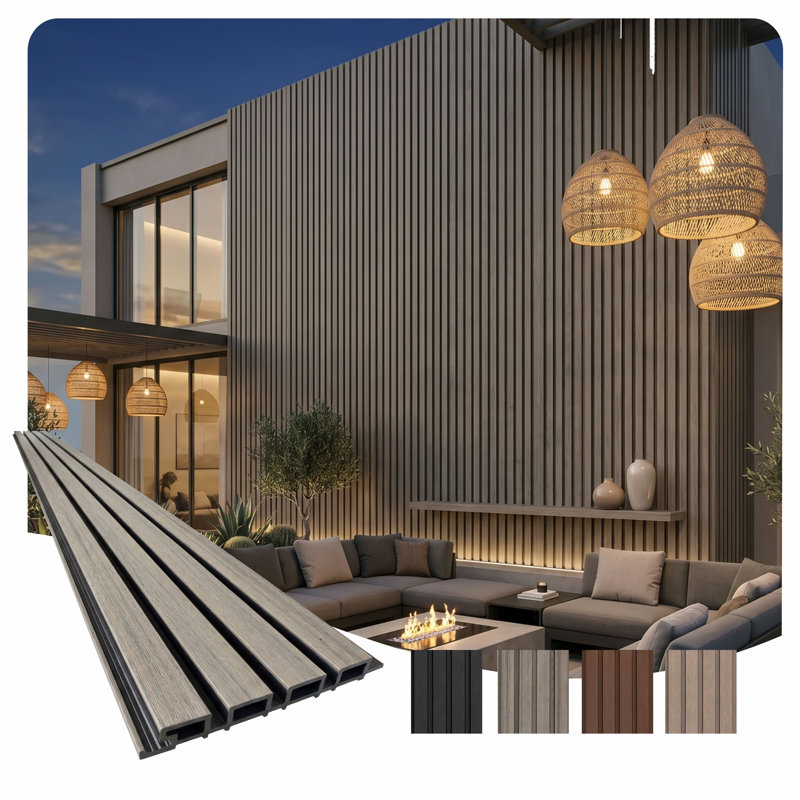 Linear WPC Exterior Wall Slat Siding and Cladding Panels 114 in x 8.62 in, Ancient Wood and Black, Oak
