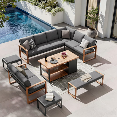 Arunas 6-Piece Outdoor Conversation Set with Wood Pattern Cushions & Fire Pit Table with Storage