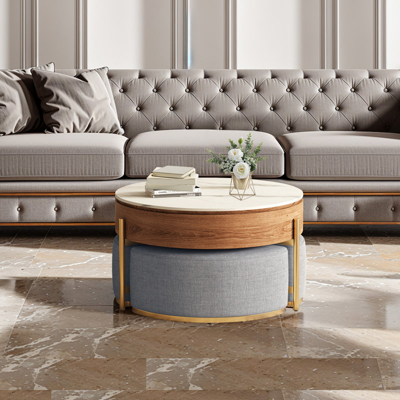 Lift-Top Extendable Frame Coffee Table Included 3 Stools，Round Coffee Table with Storage