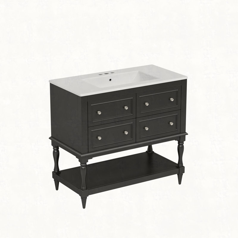 Ensemble de meuble-lavabo 36 po avec lavabo 36 po, lavabo en céramique encastré, ensemble de meuble-lavabo autoportant avec 4 tiroirs, armoire de salle de bain avec cadre en bois massif