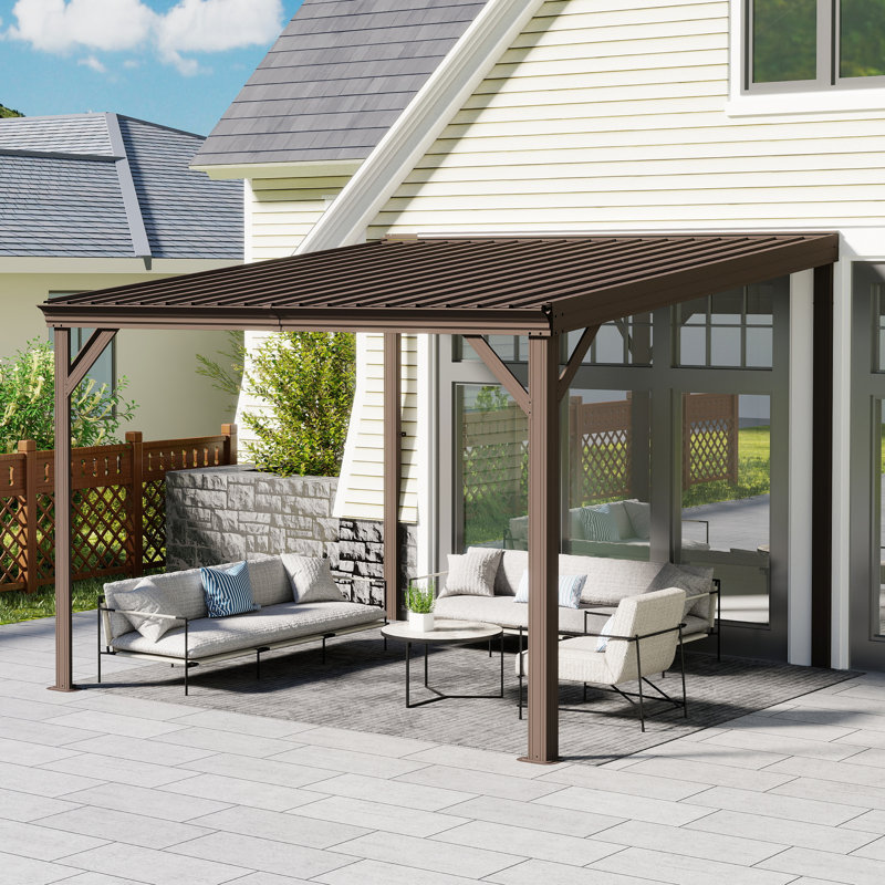Patio Gazebo Lean to Wall Mounted Pergola with Sloping Galvanized Steel Roof, 92.04" H x 120" W x 96" D, Brown