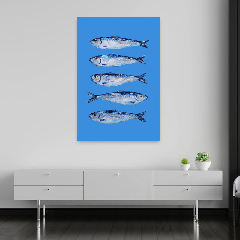 Cinq sardines bleues, art mural océan côtier, H 60 po x l 40 po