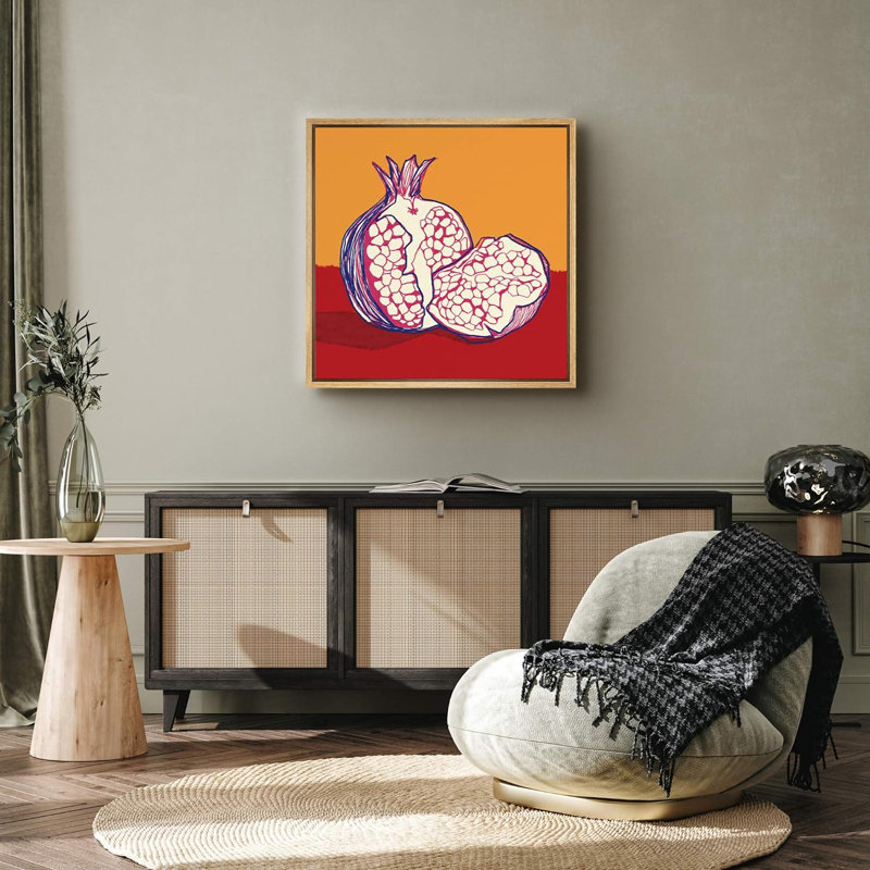 Rouge vif et violet, dessin au trait, grenade, dessert, art moderne, chic, multicolore, encadré sur toile, Naturel