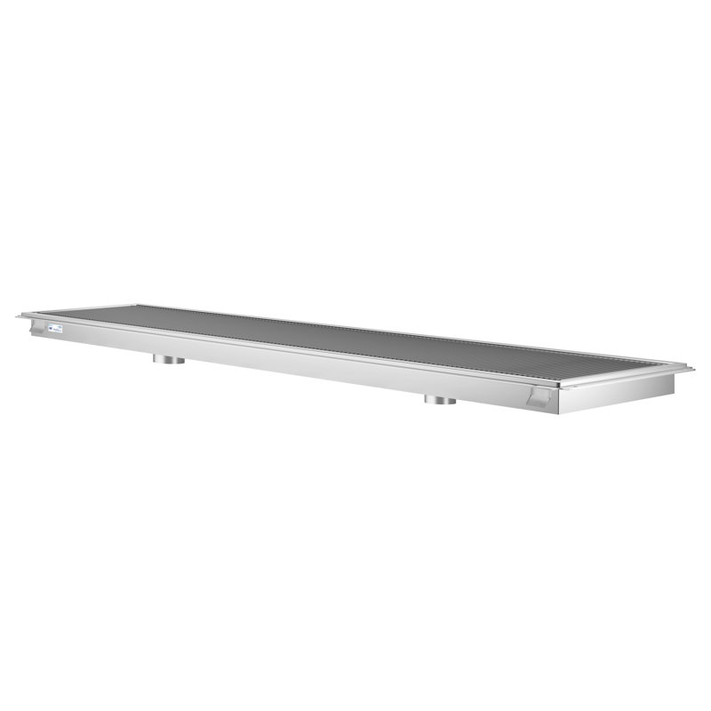 Drain de plancher en acier inoxydable 24 po x 120 po, calibre 14 avec grille de style métro et panier de drainage amovible, homologué NSF (km-ftg-24120)