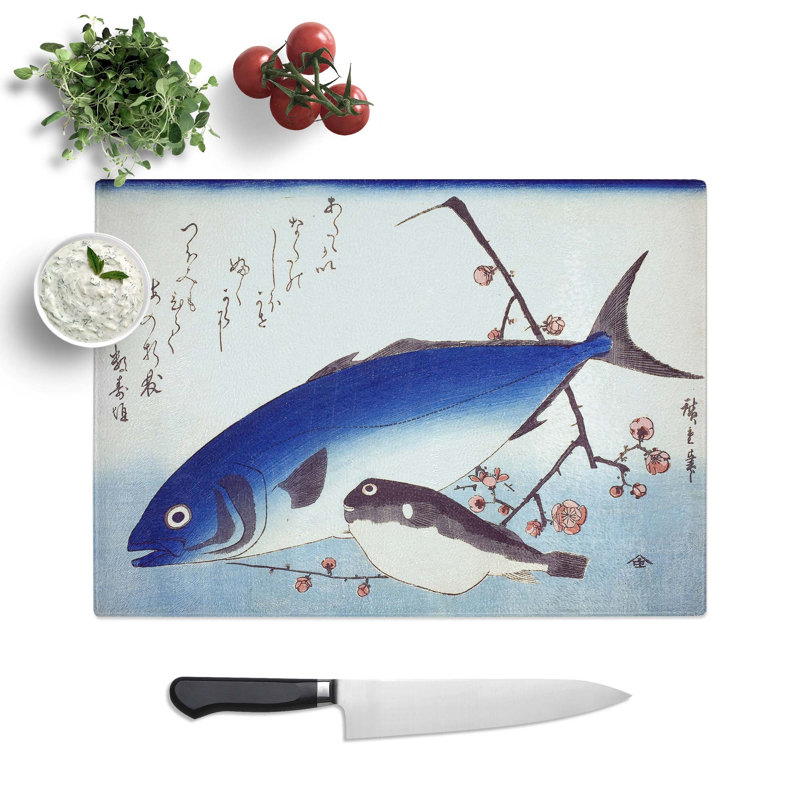 Glass Fish & Plum Blossom Branch by Utagawa Hiroshige Chopping Board, 28.5 cm W x 20 cm L
