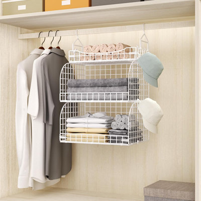 Hanging Closet Organizer With Adjustable Dividers - 3 Tier Stackable Metal Shelves, Foldable Storage For Clothes, Shoes, Accessories
