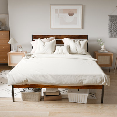 Iron Platform Bed Frame With Rustic Wood Headboard