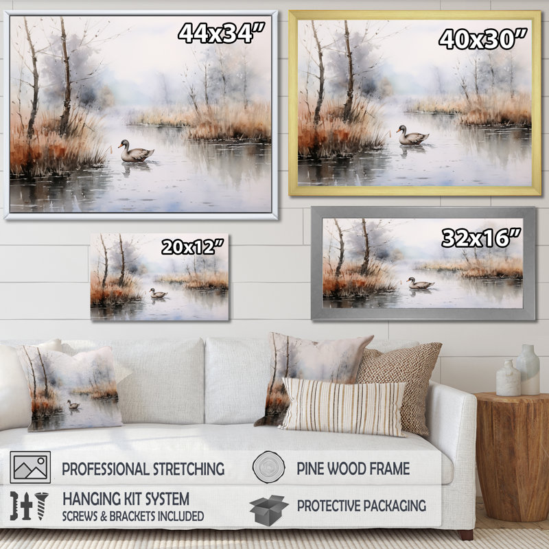 «Duck in the Misty Pond at Dawn», reproduction d'art, H 24 po x l 32 po, Cadre flottant noir