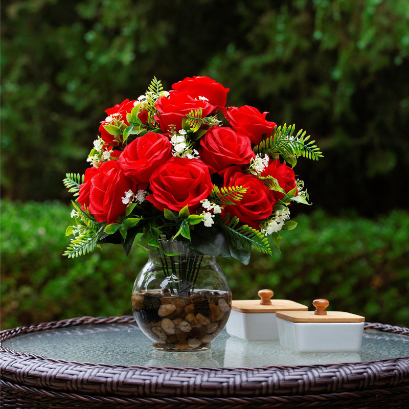 Silk Rose Arrangement in Vase, Red