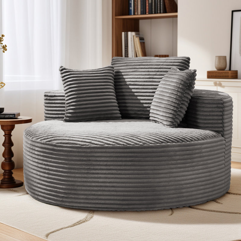 Upholstered Corduroy Barrel Curved Sofa with Wide Armrests, Compression Round Chaise Lounge, No Assembly, Gray