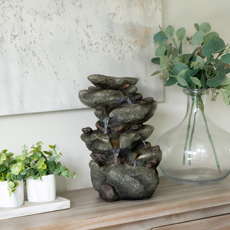 Weather Resistant Fountain with Lights, 14" H x 9" W x 8" D