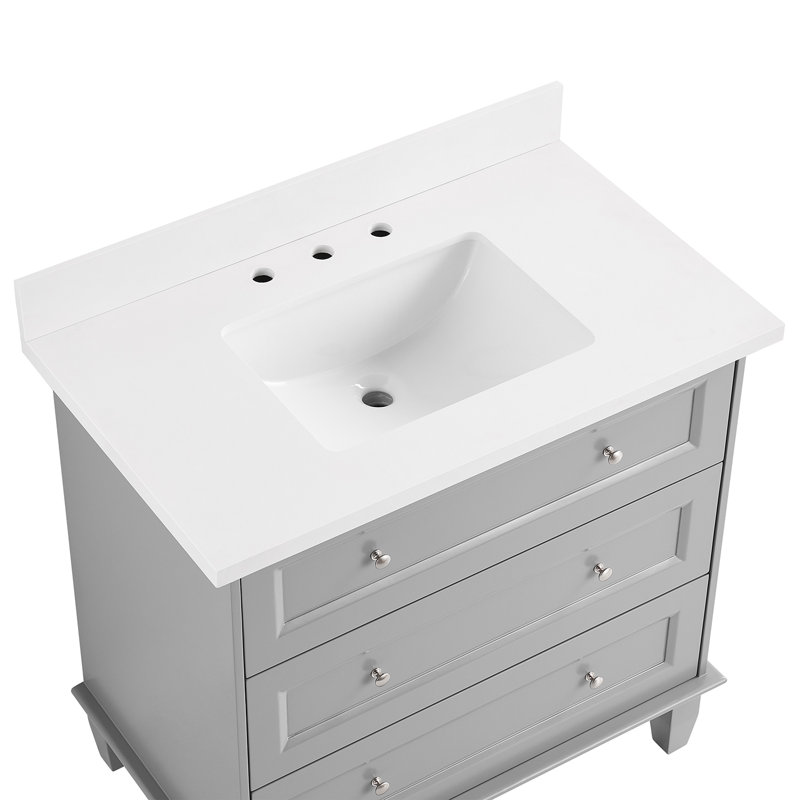 Ensemble de meuble-lavabo simple autoportant biseauté 36 po avec plateau en quartz Adelia, Gris, L 36 po