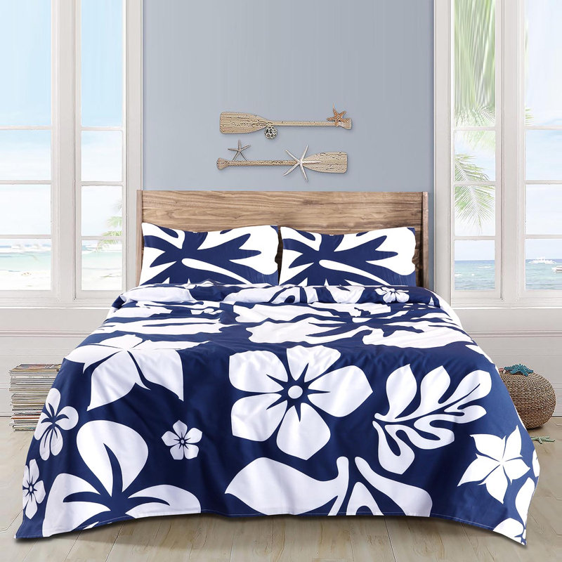 Ensemble de draps 100% coton Floral, Motif floral marine, Ensemble de draps pour lit simple avec un drap-hou