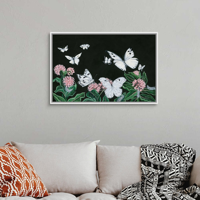 Papillons, reproduction d’art sur toile, H 26 po x l 38 po x P 1,75 po, Cadre blanc