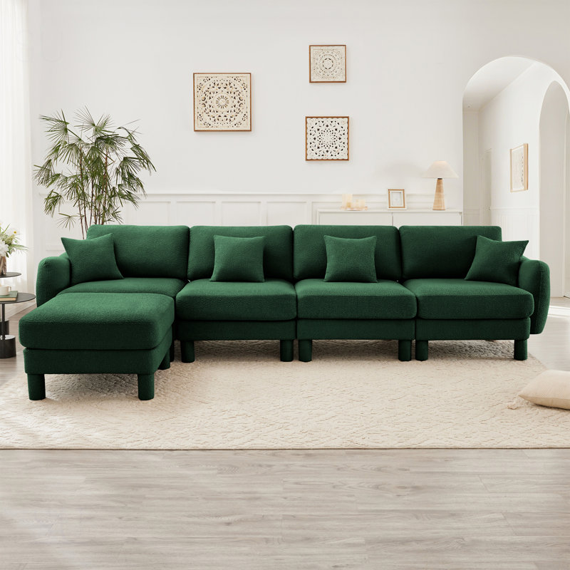Boucle Fabric Convertible L-Shape Sectional Sofa With Shell-Shaped Armrests And Removable Ottoman, Cylindrical Legs