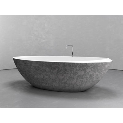 Vast Studio 74.8" x 39.8" Textured Gray Concrete  Freestanding Oval Bathtub –  Gray/White Interior Deep Soaking Tub with Metallic Luxury Finish & Contemporary Spa-Inspired Design 