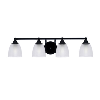 Paramount 4 Light Bath Bar Shown In Matte Black Finish With 5" Clear Ribbed Glass