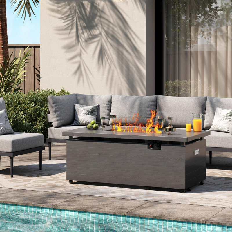 Table de foyer d'extérieur au propane en métal H 51 po x l 21 po avec couvercle, cristaux, Gris