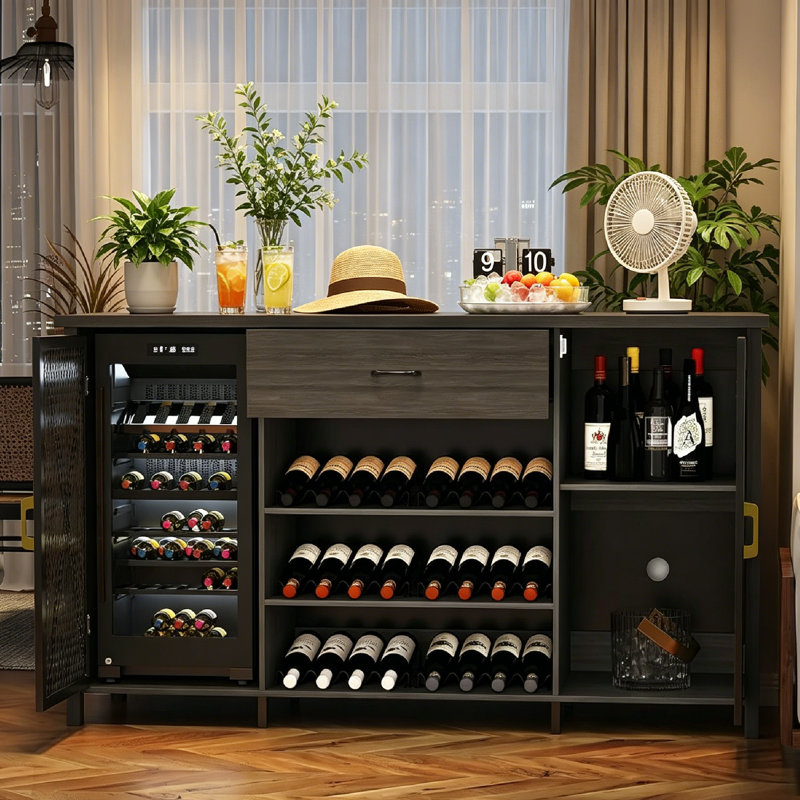 Armoire à café avec mini-réfrigérateur, armoires à vin de L 71 po avec support à vin et grand tiroir, buffet pour la cuisine, la salle à manger et le salon.