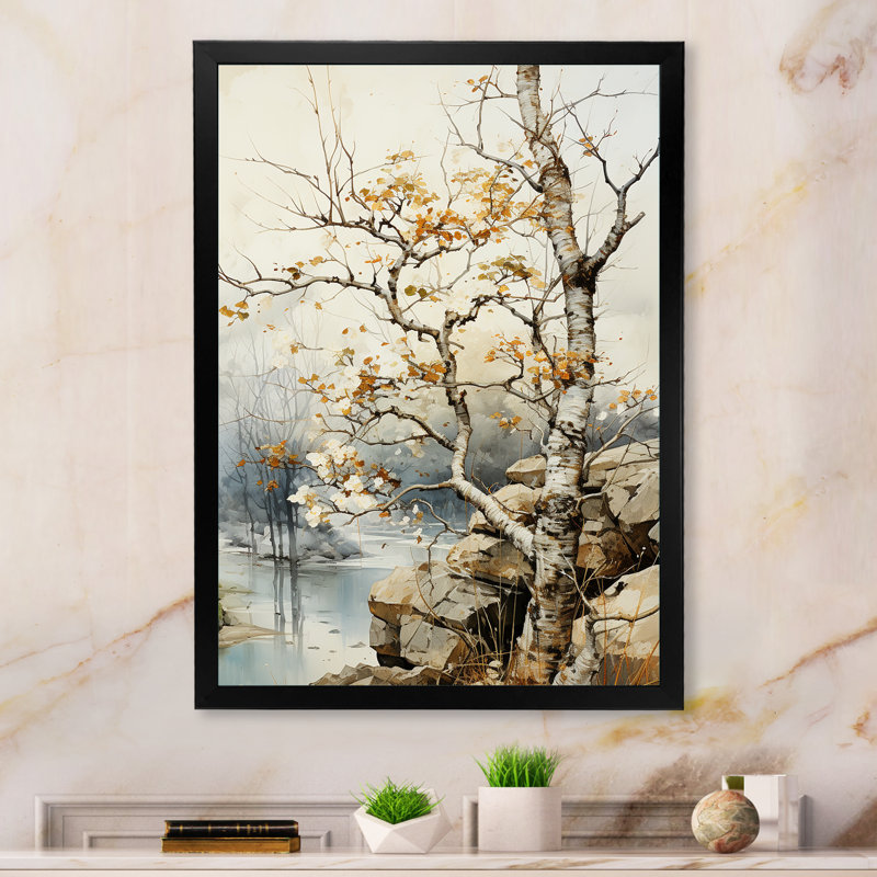 «Lozka Beige Grey Tree Sycamore Symphony» sur impression sur toile, Cadre photo noir, H 20 po x l 12 po x P 1 po