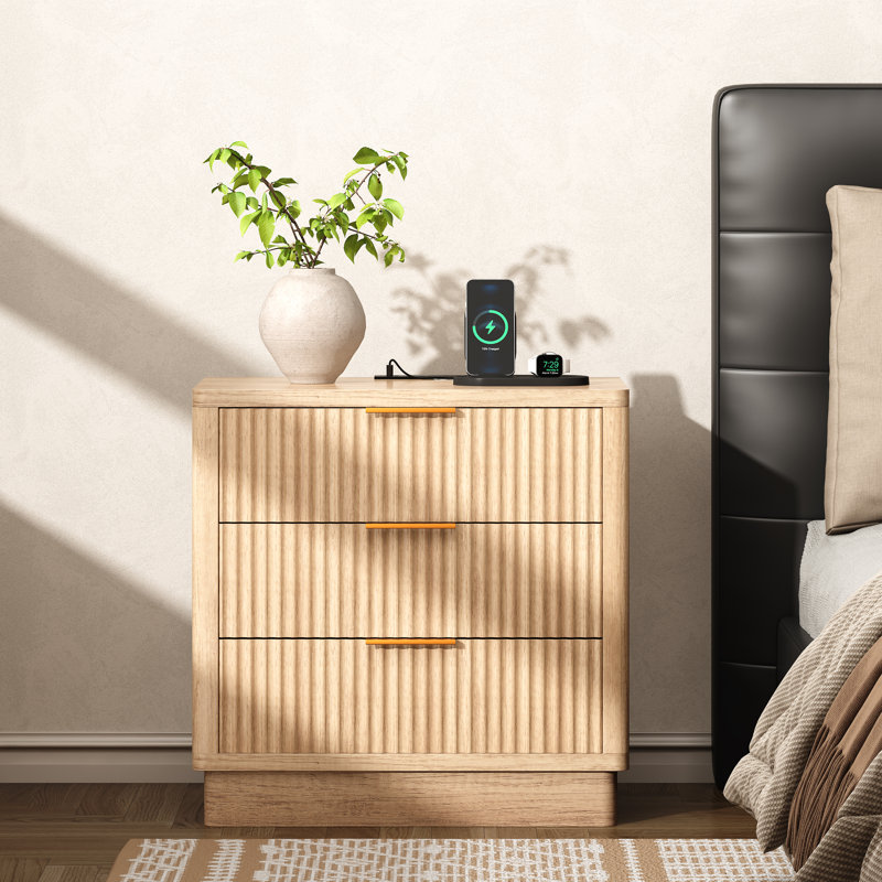 23.6" W 3-Drawer Nightstand with Charging Station, Natural