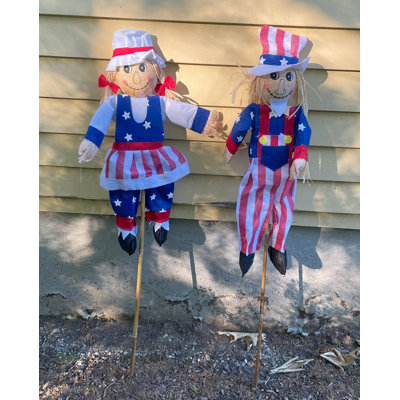 2 piece 39" Uncle Sam July 4th Outdoor Boy And Girl Scarecrow On Stick