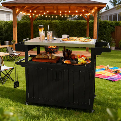 Plateau de table de bar extérieur, chariot de bar extérieur avec rangement, îlot de cuisine à roulettes pour la préparation des aliments
