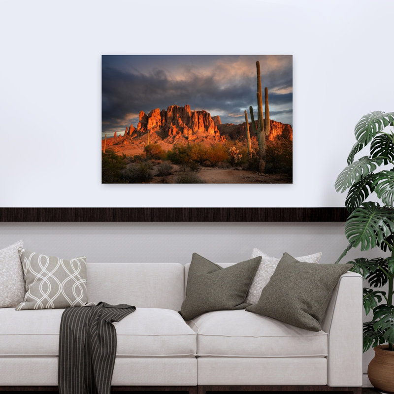 Saguaro Mountain Sunset Colorful Dramatic Serene Cactus Landscape Mountain Wall Art Print 1 Piece Wrapped Canvas Wall Art