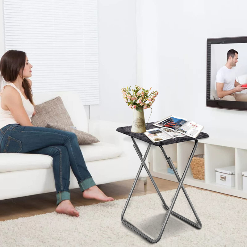Imitation Marble Multifunctional Folding Tray Table - Portable, Space-Saving, Ideal For Dining And Lounging, Grey/Silver