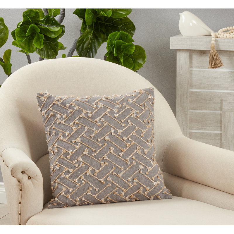 Gray Cotton Euro Pillow with Jute Embroidery
